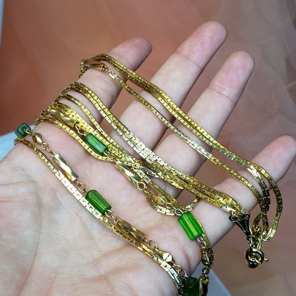 Vintage Gold Tone 3- Strand Chain Necklace 25" Statement Chain Green Glass Beads - Picture 7 of 12